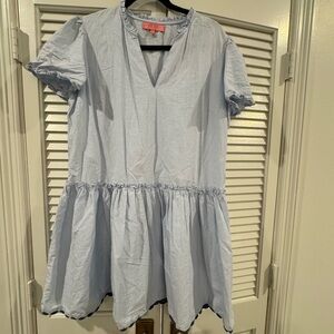 Simply Southern Light Blue Short Sleeve Ruffle Hem Dress w/ Navy RicRack detail